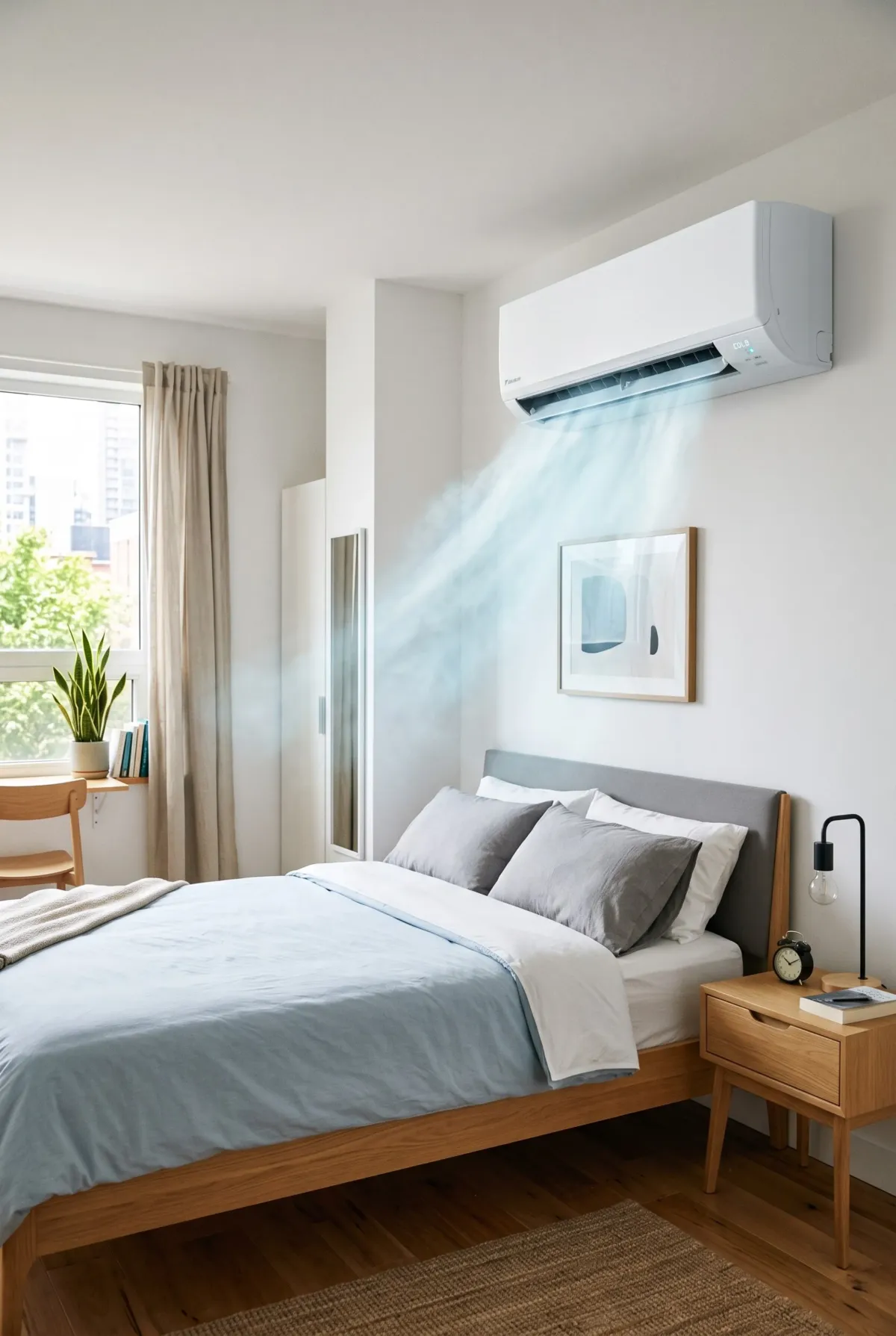 Wall-mounted air conditioning unit installed in a Wigan bedroom